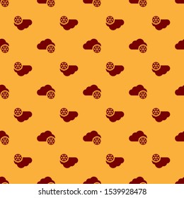 Red Cloud with snow icon isolated seamless pattern on brown background. Cloud with snowflakes. Single weather icon. Snowing sign.  Vector Illustration