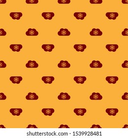 Red Cloud with snow icon isolated seamless pattern on brown background. Cloud with snowflakes. Single weather icon. Snowing sign.  Vector Illustration