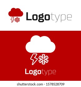 Red Cloud with snow and lightning icon isolated on white background. Cloud with snowflakes. Single weather icon. Snowing sign. Logo design template element. Vector Illustration