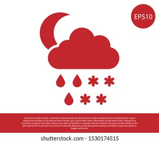 Red Cloud with snow, rain and moon icon isolated on white background. Weather icon.  Vector Illustration