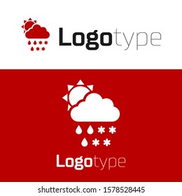 Red Cloud with snow, rain and sun icon isolated on white background. Weather icon. Logo design template element. Vector Illustration