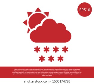 Red Cloud with snow and sun icon isolated on white background. Cloud with snowflakes. Single weather icon. Snowing sign.  Vector Illustration