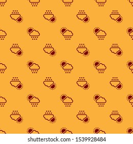 Red Cloud with snow and sun icon isolated seamless pattern on brown background. Cloud with snowflakes. Single weather icon. Snowing sign.  Vector Illustration