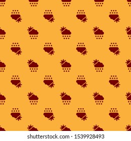Red Cloud with snow and sun icon isolated seamless pattern on brown background. Cloud with snowflakes. Single weather icon. Snowing sign.  Vector Illustration