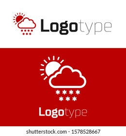 Red Cloud with snow and sun icon isolated on white background. Cloud with snowflakes. Single weather icon. Snowing sign. Logo design template element. Vector Illustration