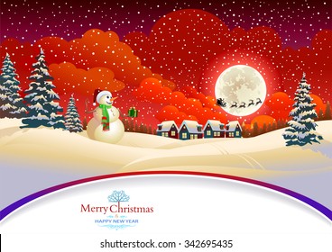 Red clouds lingering over a town and a snow man holding a gift
