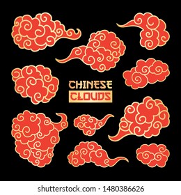 Red Clouds and wind blows hand drawn vector illustration. Smoke isolated clipart. Chinese art abstract drawing. Sketch clouds, overcloud set. Isolated design elements for SVG laser cutting files