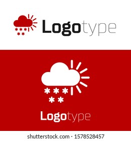 Red Cloudy with snow icon isolated on white background. Cloud with snowflakes. Single weather icon. Snowing sign. Logo design template element. Vector Illustration