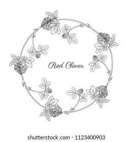 Red clover, blossom shamrock wild field flower hand drawn vector sketch isolated on white background, Round frame, graphic floral wreath for cosmetic, design package tea, greeting card, wedding invite