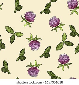 Red clover botanical boho seamless pattern. Victorian flowers cote cozy wallpaper print. Vector illustration cartoon style boho background tile
