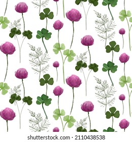 Red clover flower seamless pattern. field with green leaves and herbs on white background.