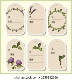 Red clover flowers and leaves gift tags. Vector labels collection