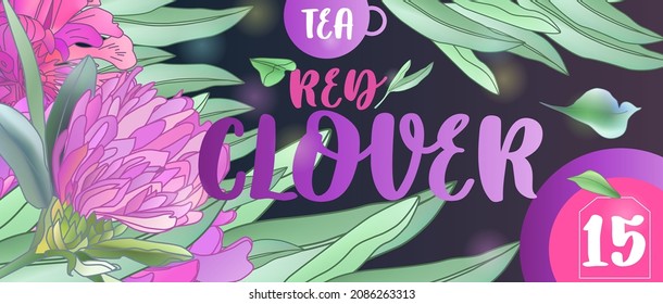 red clover tea, tea box design. Herbal engraved style illustration.