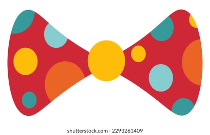 A red clown bow tie with blue, red, and yellow dots on it. Circus dress element.