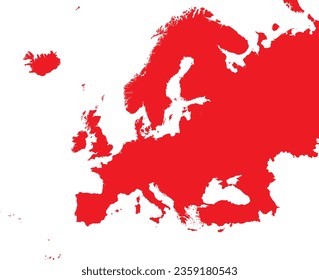 RED CMYK color detailed flat stencil map of the continent of EUROPE (with country borders) on transparent background