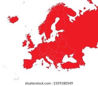 RED CMYK color detailed flat stencil map of the continent of EUROPE on transparent background