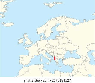 Red CMYK national map of ALBANIA inside simplified beige blank political map of European continent on blue background using Winkel Tripel projection