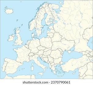 Mapa nacional del CMYK rojo de ANDORRA dentro del mapa político detallado en blanco beige del continente europeo con ríos y lagos sobre fondo azul usando proyección Mercator