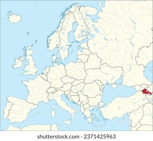 Mapa nacional rojo CMYK de ARMENIA dentro del mapa político detallado en blanco beige del continente europeo con ríos y lagos sobre fondo azul usando proyección Mercator