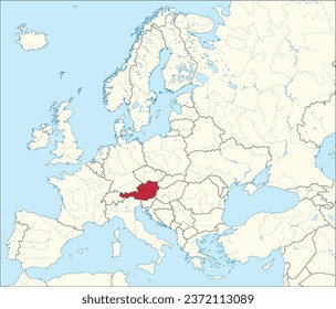 Mapa nacional rojo CMYK de AUSTRIA dentro del detallado mapa político en blanco beige del continente europeo con ríos y lagos sobre fondo azul usando proyección Mercator