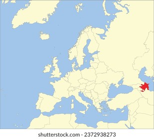 Red CMYK national map of AZERBAIJAN inside detailed beige blank political map of European continent on blue background using Mollweide projection