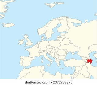 Mapa nacional rojo CMYK de AZERBAIYAN dentro del mapa político simplificado en blanco beige del continente europeo sobre fondo azul usando la proyección Winkel Tripel