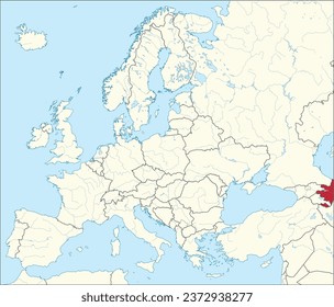 Mapa nacional rojo CMYK de AZERBAIYÁN dentro del detallado mapa político en blanco beige del continente europeo con ríos y lagos en fondo azul usando proyección Mercator