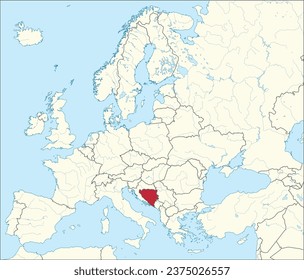 Mapa nacional rojo CMYK de BOSNIA Y HERZEGOVINA dentro del mapa político detallado en blanco y beige del continente europeo con ríos y lagos sobre fondo azul usando proyección Mercator