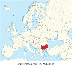 Mapa nacional rojo CMYK de BULGARIA dentro del detallado mapa político en blanco beige del continente europeo con ríos y lagos sobre fondo azul usando proyección Mercator