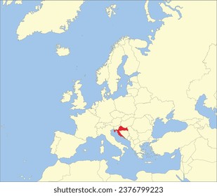 Red CMYK national map of CROATIA inside detailed beige blank political map of European continent on blue background using Mollweide projection