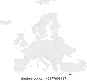 Red CMYK national map of CYPRUS inside gray blank political map of European continent on transparent background using Robinson projection