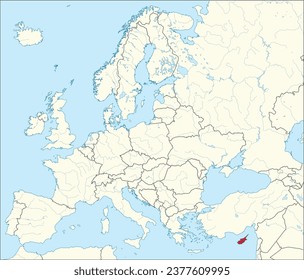 Mapa nacional del CMYK rojo en el interior del mapa político detallado en blanco beige del continente europeo con ríos y lagos sobre fondo azul usando proyección Mercator