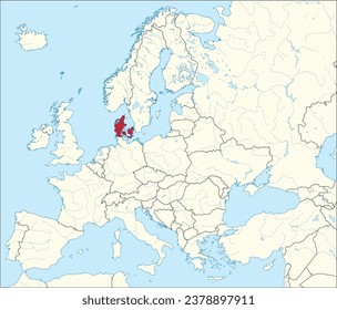 Mapa nacional rojo CMYK de DINAMARCA dentro del detallado mapa político en blanco beige del continente europeo con ríos y lagos sobre fondo azul usando proyección Mercator