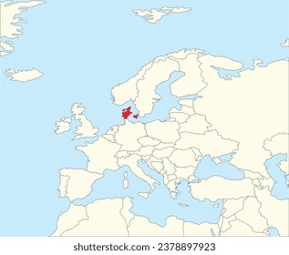 Red CMYK national map of DENMARK inside simplified beige blank political map of European continent on blue background using Winkel Tripel projection