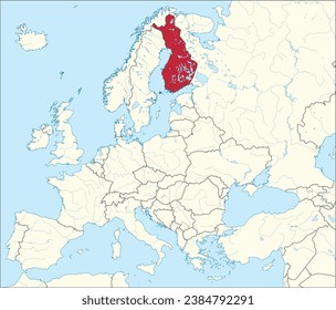 Mapa nacional de FINLANDIA del CMYK rojo dentro del mapa político detallado en blanco y beige del continente europeo con ríos y lagos sobre fondo azul usando proyección Mercator