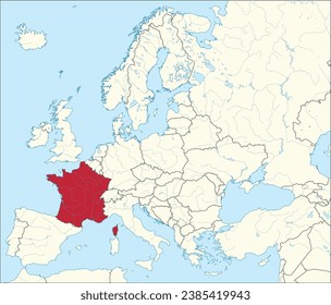 Mapa nacional rojo CMYK de FRANCIA dentro del mapa político detallado en blanco y beige del continente europeo con ríos y lagos sobre fondo azul usando proyección Mercator