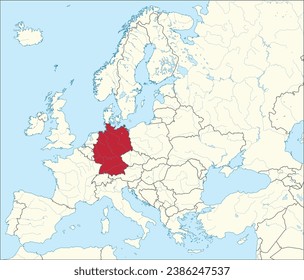 Red CMYK national map of GERMANY inside detailed beige blank political map of European continent with rivers and lakes on blue background using Mercator projection