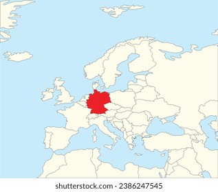 Red CMYK national map of GERMANY inside simplified beige blank political map of European continent on blue background using Winkel Tripel projection