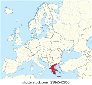 Mapa nacional rojo CMYK de GRECIA dentro del mapa político detallado en blanco beige del continente europeo con ríos y lagos sobre fondo azul usando proyección Mercator