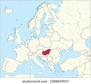 Mapa nacional rojo CMYK de HUNGRÍA dentro del detallado mapa político en blanco beige del continente europeo con ríos y lagos sobre fondo azul usando proyección Mercator