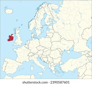 Mapa nacional de IRLANDA del CMYK rojo dentro del mapa político detallado en blanco beige del continente europeo con ríos y lagos sobre fondo azul usando la proyección de Mercator