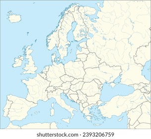 Mapa nacional de LIECHTENSTEIN del CMYK rojo dentro del mapa político detallado en blanco y beige del continente europeo con ríos y lagos sobre fondo azul usando la proyección de Mercator