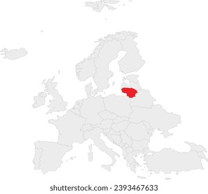 Mapa nacional del CMYK rojo de LITUANIA dentro del mapa político en blanco gris del continente europeo sobre fondo transparente usando la proyección de Robinson