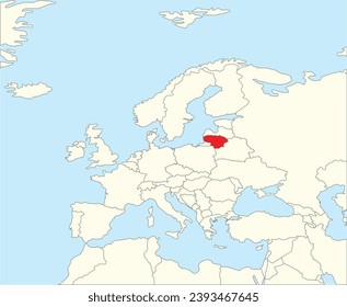 Red CMYK national map of LITHUANIA inside simplified beige blank political map of European continent on blue background using Winkel Tripel projection