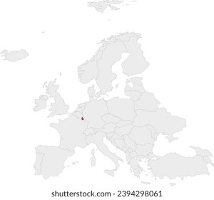 Red CMYK national map of LUXEMBOURG inside gray blank political map of European continent on transparent background using Robinson projection