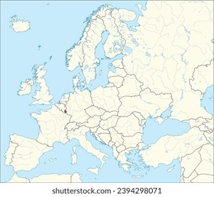 Mapa nacional del CMYK rojo de LUXEMBURGO dentro del mapa político detallado en blanco beige del continente europeo con ríos y lagos en fondo azul usando proyección Mercator