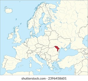 Mapa nacional del CMYK rojo de MOLDOVA dentro del mapa político detallado en blanco beige del continente europeo con ríos y lagos sobre fondo azul usando proyección Mercator