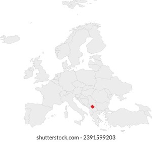 Red CMYK national map of MONTENEGRO inside gray blank political map of European continent on transparent background using Robinson projection