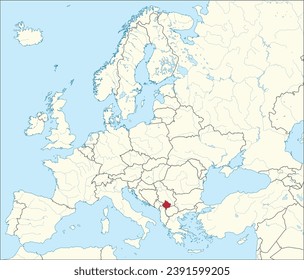 Red CMYK national map of MONTENEGRO inside detailed beige blank political map of European continent with rivers and lakes on blue background using Mercator projection