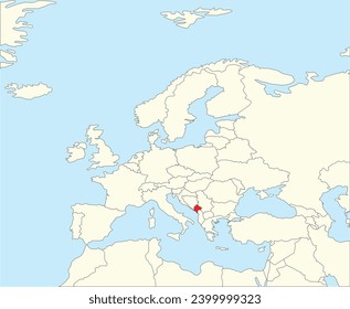 Red CMYK national map of MONTENEGRO inside simplified beige blank political map of European continent on blue background using Winkel Tripel projection
